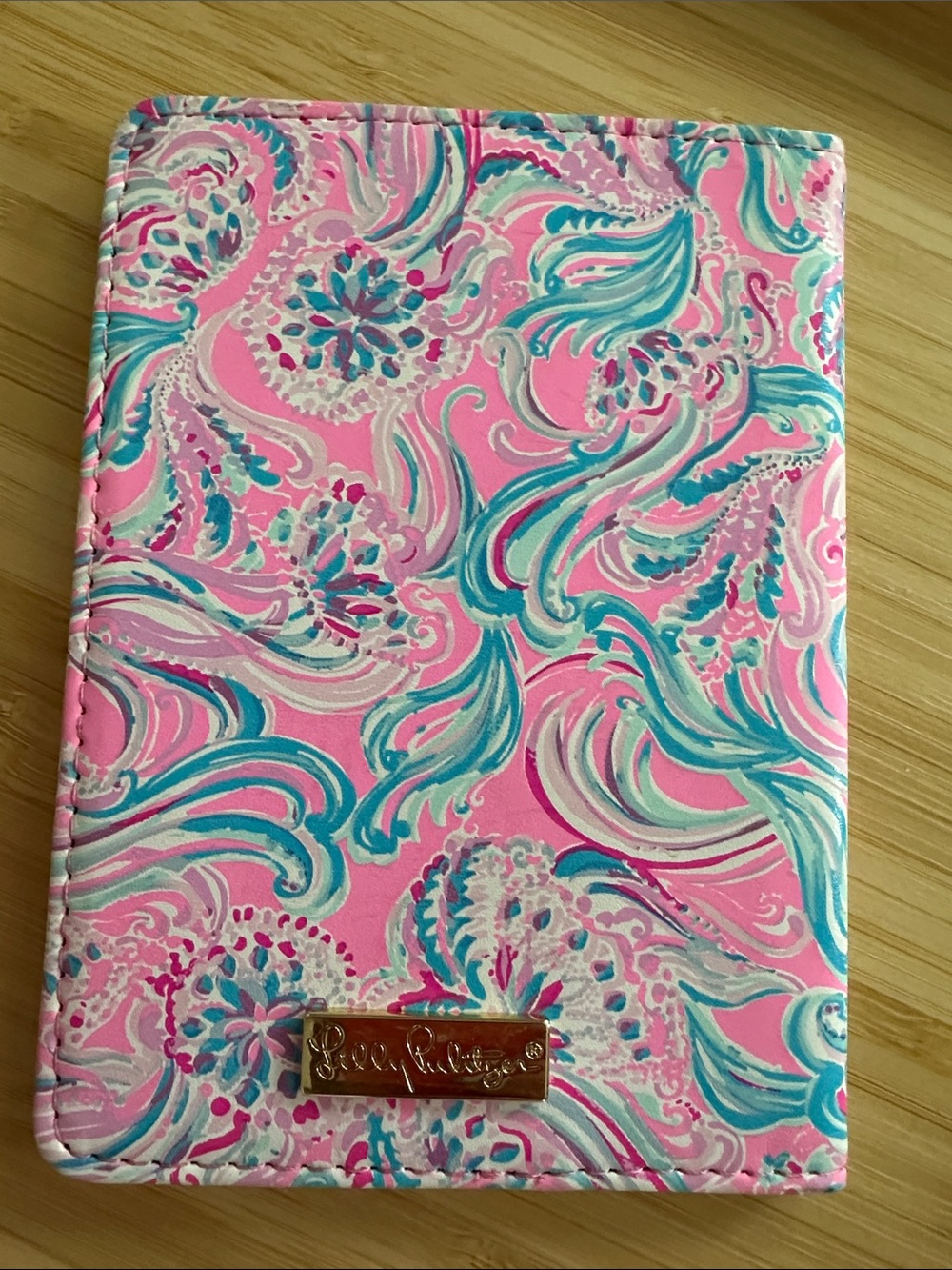 Lilly Pulitzer Pink Aqua Paisley Passport Cover with Gold Logo - Picture 3 of 4